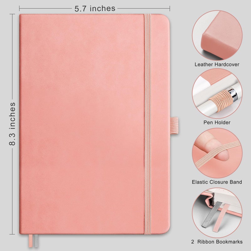 RETTACY Bullet Dotted Journal Notebook, 256 Pages, A5 Medium Size (5.7'' Ã— 8.3''), Leather Hardcover, 120 GSM Thick Paper, for Bullet Journaling, Planning, Tracking (Pink) - Image 2